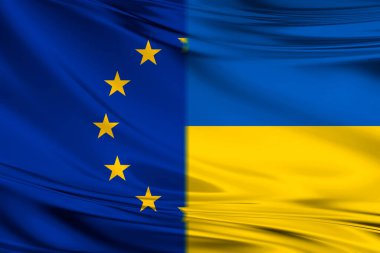 Avrupa Birliği (AB) ve Ukrayna (UA). Avrupa Birliği bayrağı ve Ukrayna bayrağı. Ukrayna 'nın Rusya' ya karşı savaşta yardımı. Yardım kavramı, ülkeler birliği, siyasi ve ekonomik ilişkiler.