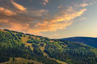 Gün doğumunda dağlarda güzel bir manzara. Ormanla kaplı tepelerin manzarası. Dağların arkaplanı