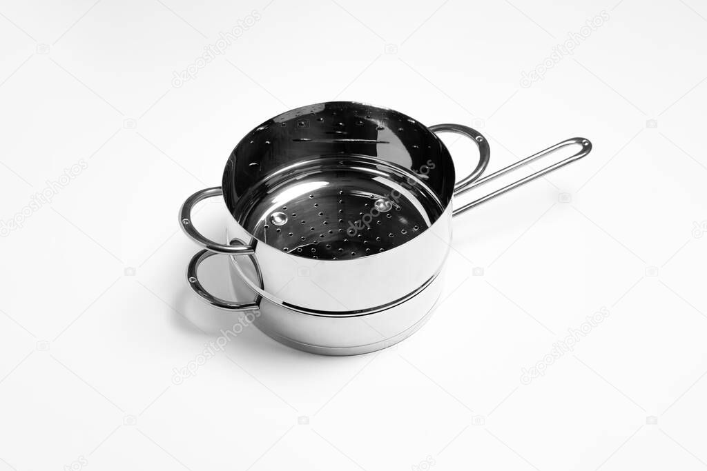 Stainless steel cooking pot isolated on white background.Cooking pot.High resolution photo.Top view. Mock-up.