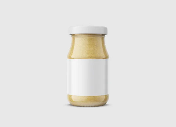 Pot Moutarde Verre Avec Étiquette Vierge Isolée Sur Fond Blanc — Photo