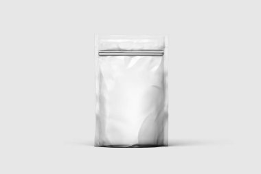 Beyaz boş folyo yiyecek paketi, fermuarlı kese çantası paketi 3D görüntüleme cihazına izole edilmiş. Model