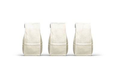 Beyaz arka planda beyaz kağıt paketi izole edildi. Kağıt folyo, atıştırmalık kese paketi. Modelleme. 3B görüntüleme.