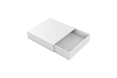 Beyaz arka plan 3D görüntüleme üzerine izole edilmiş çekmece kurdelesi olan beyaz karton sürgülü kutu..