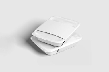 Beyaz arka planda etiketli beyaz plastik yiyecek konteynırı. 3 boyutlu görüntüleme. Model