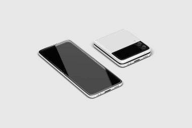 Yeni aygıt katlanmış telefon, akıllı telefon yeni tasarım beyaz arkaplanda izole edilmiş. 3 boyutlu görüntüleme. Model