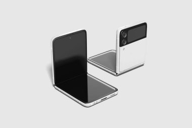 Yeni aygıt katlanmış telefon, akıllı telefon yeni tasarım beyaz arkaplanda izole edilmiş. 3 boyutlu görüntüleme. Model