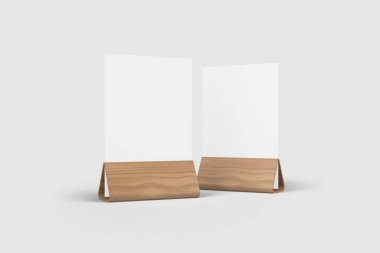 Restoran iletişimi için beyaz arka planda iki farklı pozisyonda boş masa tabelası. 3 boyutlu görüntüleme. Model