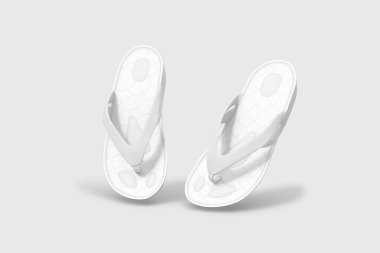 Bir çift boş beyaz plaj terliği, beyaz arka planda izole edilmiş tasarım modeli. 3 boyutlu görüntüleme. Model