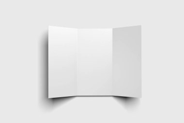 Boş beyaz tri katlanmış kitapçık modeli, beyaz arkaplanda açılıp kapatılmış. 3 boyutlu görüntüleme. Model