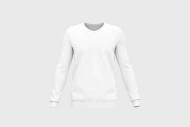 Beyaz eşofman altı şablonu. Beyaz arka planda uzun kollu, boş bir kazak. 3 boyutlu görüntüleme. Model. Ön görünüm..