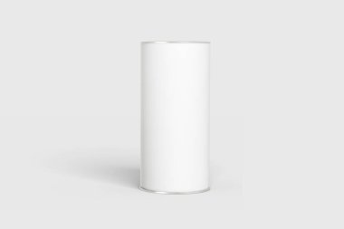White Blank Tin modellik yapabilir. Silindirik ambalaj, çay, beyaz arka planda izole edilmiş kahve. 3 boyutlu görüntüleme. Model