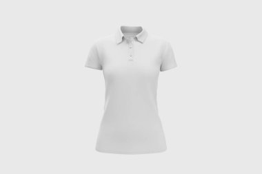 Beyaz arka planda izole edilmiş şablon için kadınların beyaz kısa kollu polo gömleği. 3 boyutlu görüntüleme. Model. Ön taraf..