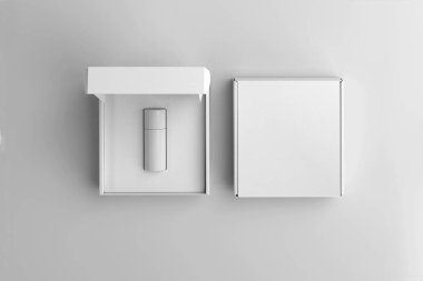 White Spray Bottle in white box against isolated on white background. 3D rendering. Mock-up.