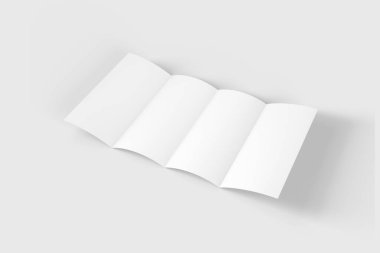 Açılmış dört katlı broşürün modeli beyaz arka planda izole edilmiş. 3 boyutlu görüntüleme. Model. Ön görünüm..