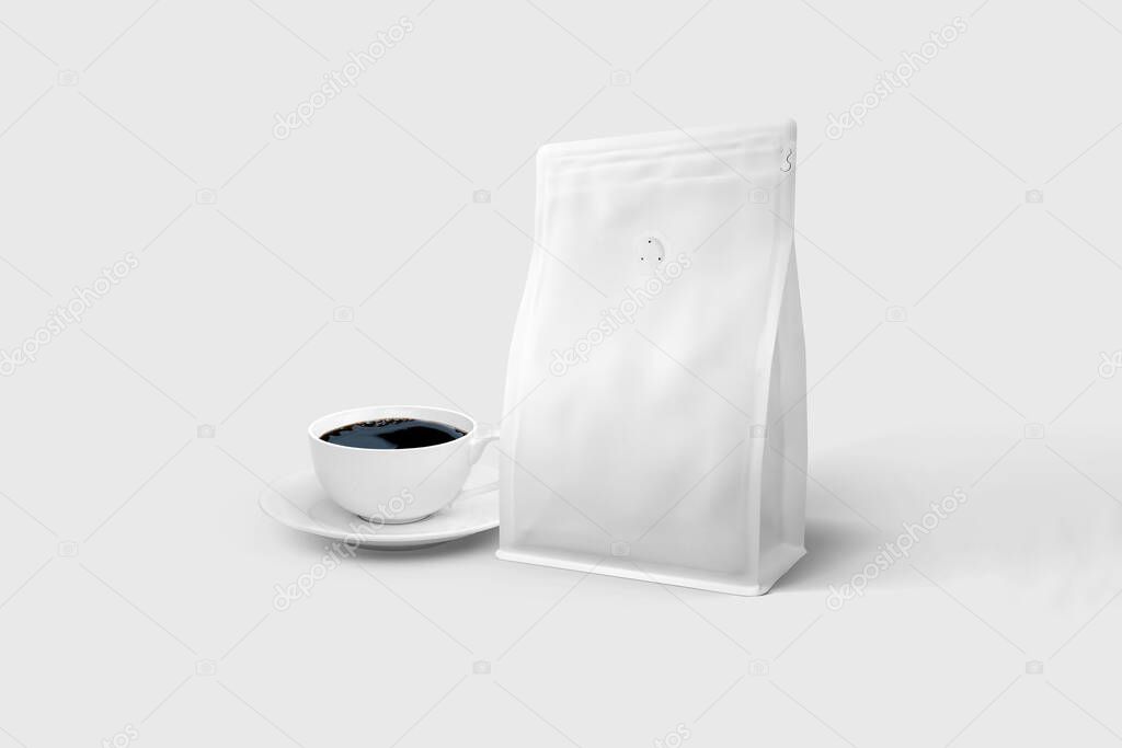 Black coffee bag packaging and a cup of coffee isolated on white background. 3D rendering. Mock-up.Front view.