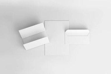 Marka Mektup Başlığı ve zarf beyaz arka planda izole edilmiş. 3 boyutlu görüntüleme. Model.