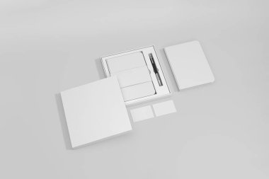 Damgalamak için boş süt ve kalem seti ve beyaz arka planda izole edilmiş maket. 3 boyutlu görüntüleme. Model.