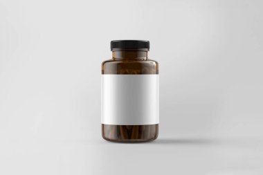 Beyaz arka planda boş etiketli Amber Ek Şişesi. 3 boyutlu görüntüleme. Model.