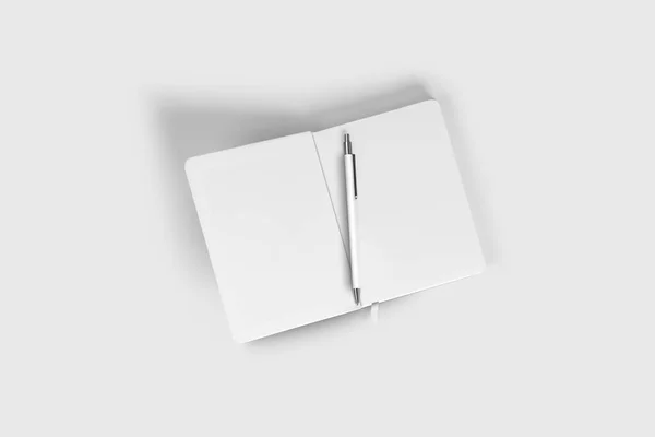 白を基調としたペンでノートブックを開きます 3Dレンダリング モックアップ — ストック写真