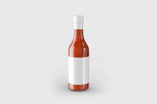 Glazen Fles Ketchup Met Blanco Etiket Geïsoleerd Witte Achtergrond Weergave — Stockfoto