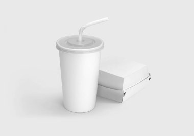 Soda bardağı ve hamburger kutusu beyaz arka planda izole edilmiş. 3 boyutlu görüntüleme. Model.