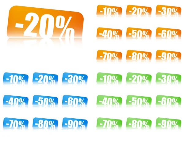 Prozentsatz Rabatt-Etiketten, 3 Farbsets, Varianten — Stockvektor