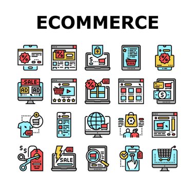 Ticaret ve Çevrimiçi Alışveriş Simgeleri Ayarlama Vektörü