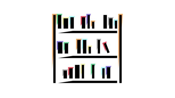 Библиотечная полка с анимацией иконок книг — стоковое видео