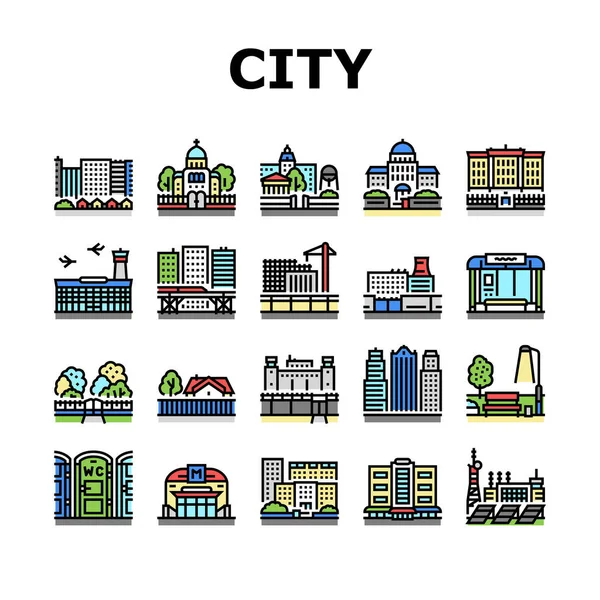 City Construction And Landscape Icons Set Vector — Stock Vector