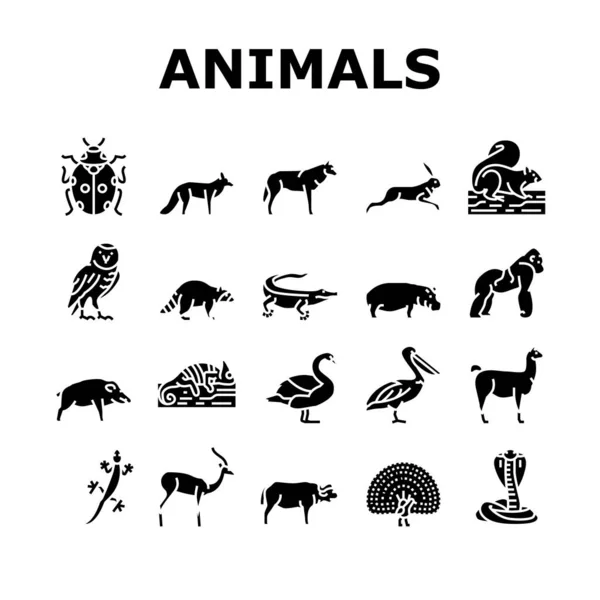 Wild Animals, Bugs And Birds Icons Set Vector — Stock vektor