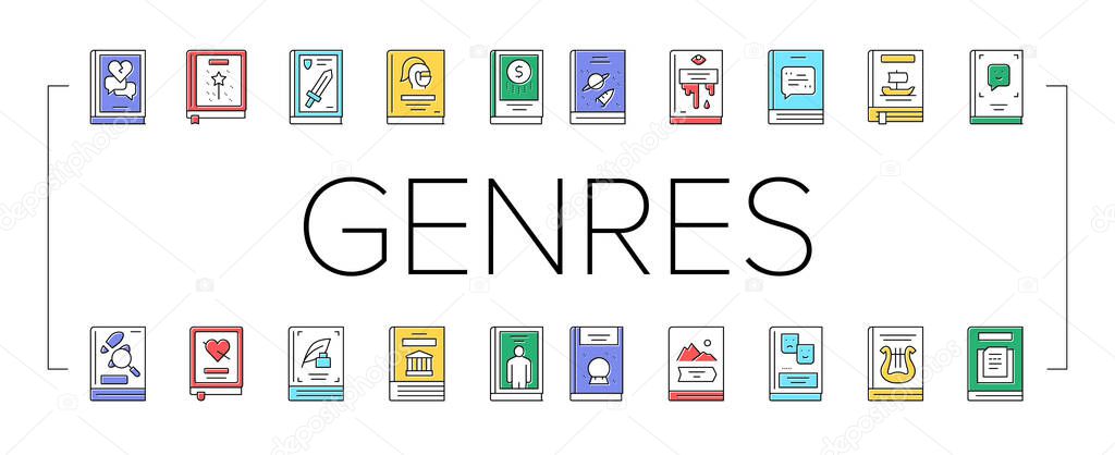 Literary Genres Books Collection Icons Set Vector .