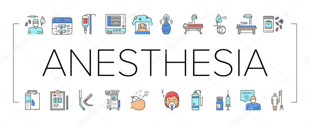 Anesthesiologist Tool Collection Icons Set Vector. Syringe Pump, Anesthesia Machine And Heart Rate Monitor Anesthesiologist Equipment Concept Linear Pictograms. Contour Color Illustrations .