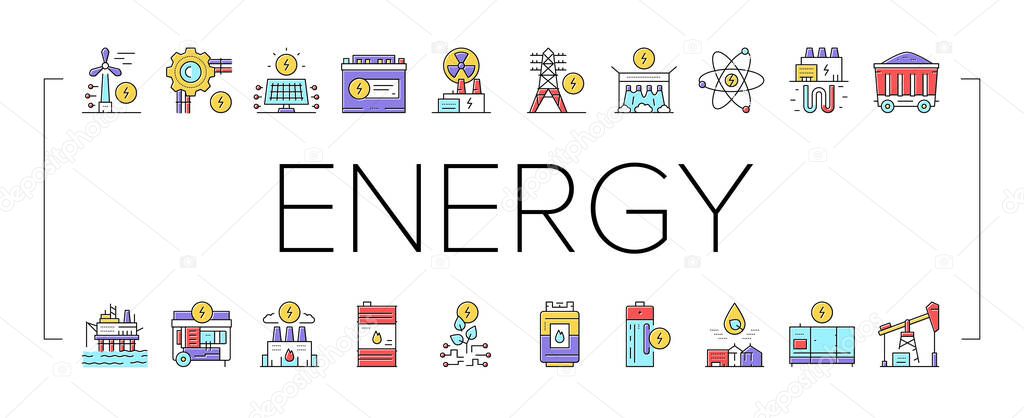 Energy Electricity And Fuel Power Icons Set Vector. Electric Solar Panel And Battery, Turbine And Dam, Energy Plant And Coal, Petrol And Gas Concept Linear Pictograms. Color Contour Illustrations .