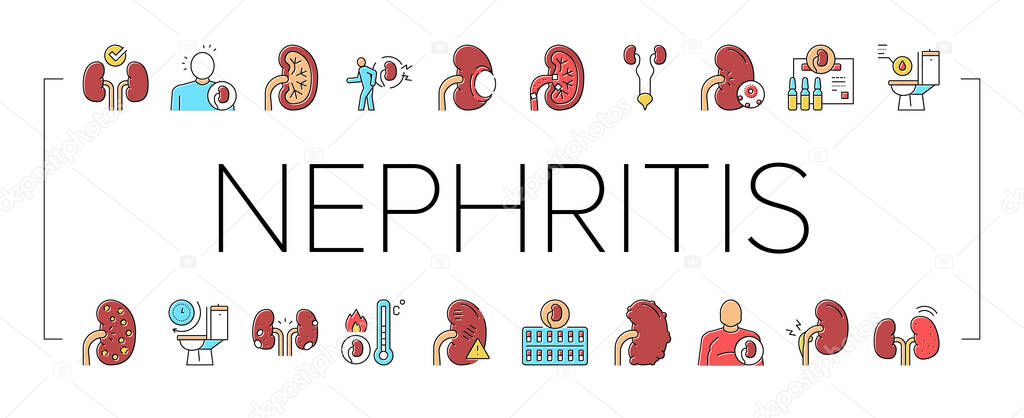 Nephritis Kidneys Collection Icons Set Vector. Kidneys Stones And Infection, Cancer And Cyst, Bloody Urine And Frequent Urination Concept Linear Pictograms. Contour Color Illustrations .