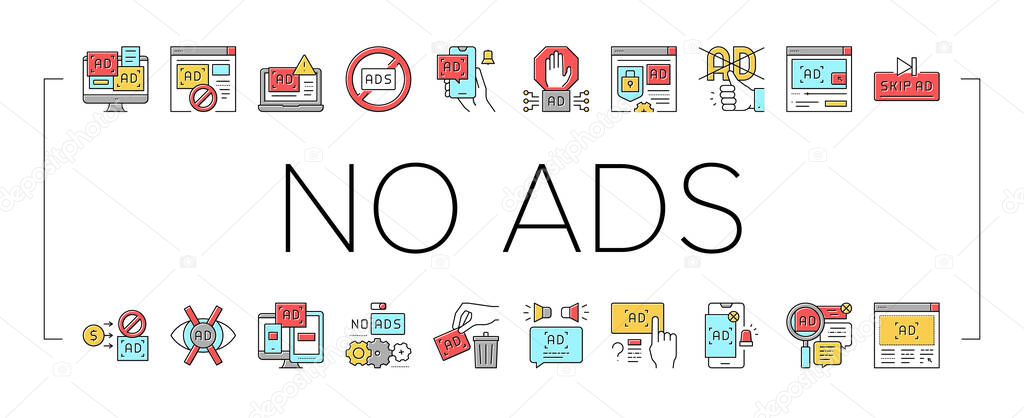 No Ads Advertise Free Collection Icons Set Vector .
