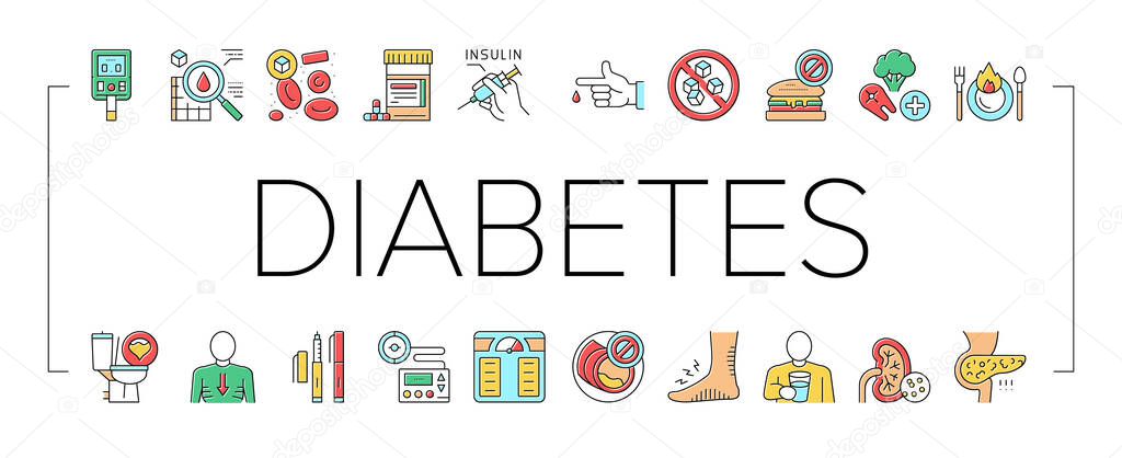 Diabetes Treatment Collection Icons Set Vector. Blood Sugar Measurement And Control, Insulin Syringe And Pills, Eat Healthy Food And Drink Water Concept Linear Pictograms. Contour Color Illustration.