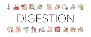 Sindirim Hastalığı ve Tedavi Simgeleri Vektörü Ayarladı .