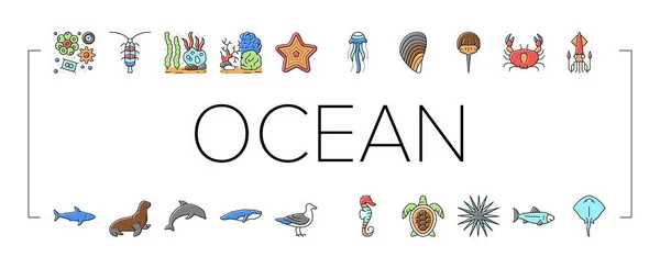 Ocean Underwater Life Collection Icoane Set Vector  . — Vector de stoc