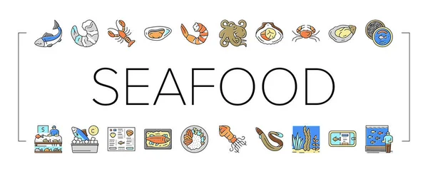 Plato de alimentos cocinados mariscos menú iconos Set Vector . — Vector de stock