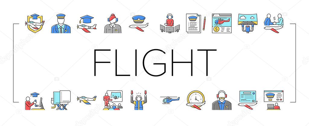 Flight School Educate Collection Icons Set Vector. Flight Courses Education For Prepare Pilot And Air Navigator, Dispatcher And Steward Concept Linear Pictograms. Contour Color Illustrations .