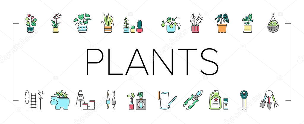Houseplant Store Sale Collection Icons Set Vector. Potting Houseplant And Cactus, Leaves Tree And Flower, Secateur Tool And Shovel Concept Linear Pictograms. Contour Color Illustrations .