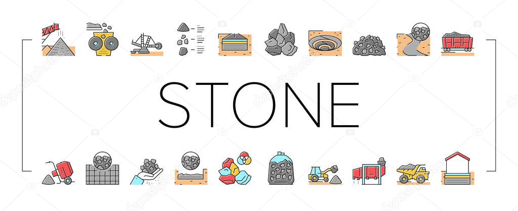 Crushed Stone Mining Collection Icons Set Vector. Heavy Machinery And Excavator, Dump Truck And Railway Carriage, Stone Mine Equipment Concept Linear Pictograms. Contour Color Illustrations .