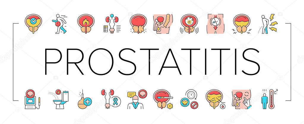 Prostatitis Disease Collection Icons Set Vector. Prostatitis Symptom, Examination And Treatment, Prostate Massage And Analysis Concept Linear Pictograms. Contour Color Illustrations .