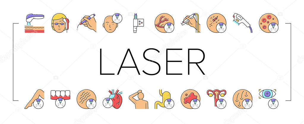 Laser Therapy Service Collection Icons Set Vector. Laser Removal Of Vascular Pathologies And Hair, Acne Treatment And Photorejuvenation Concept Linear Pictograms. Contour Illustrations .
