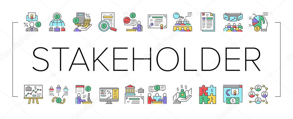 Stakeholder Business Collection Icons Set Vector. Stakeholder Meeting With Investor And Trade Union, Credit And Dividends, Stock And Bidding Concept Linear Pictograms. Contour Color Illustrations .
