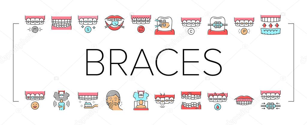 Tooth Braces Accessory Collection Icons Set Vector .