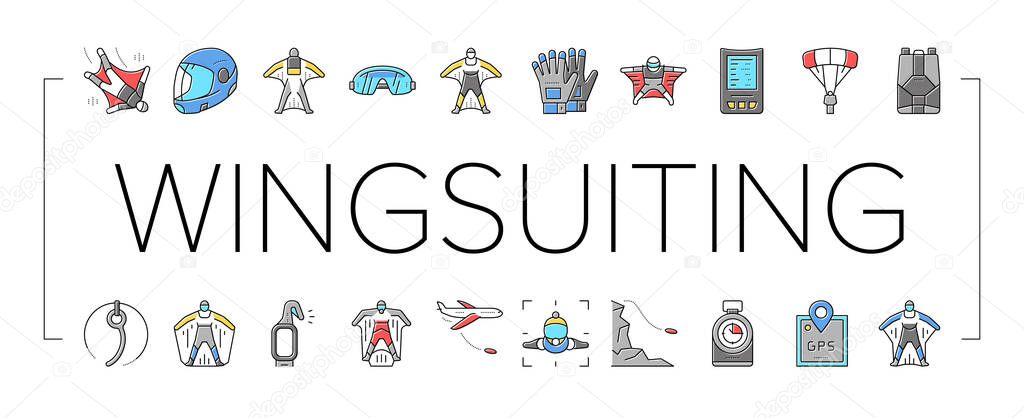 Wingsuiting Sport Collection Icons Set Vector .