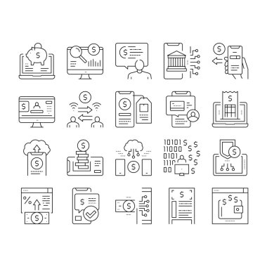 Çevrimiçi Bankacılık Finans Koleksiyonu Simgeleri Vektörü Ayarla .