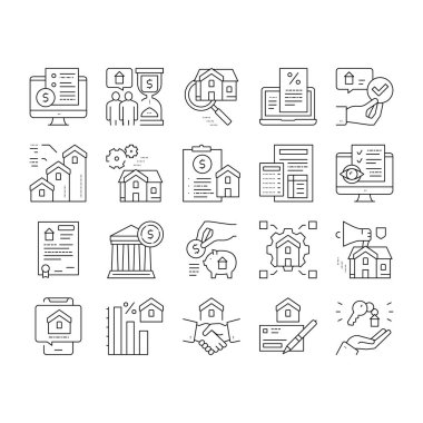 İpotek Gayrimenkul Koleksiyon Simgeleri Vektörü Ayarla .