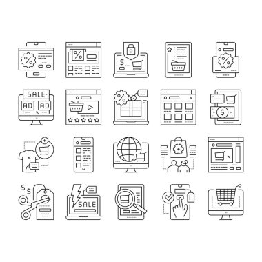 Ticaret ve Çevrimiçi Alışveriş Simgeleri Ayarlama Vektörü .